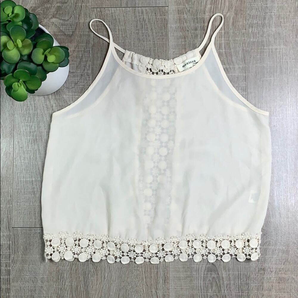 MONTEAU Women's Cream Crop Crochet Hem Semi Sheer Tank Top